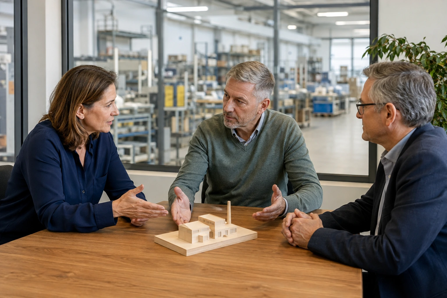 Drei Unternehmensbeteiligte sprechen an einem Tisch vor einer laufenden Produktion